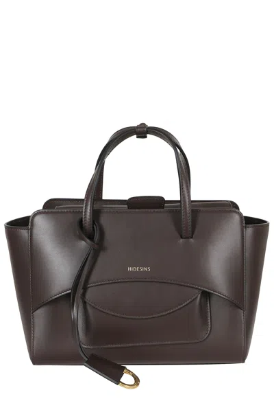 Hidesins Dark Brown Structured Flap M Gold Logo Leather Shoulder Bag