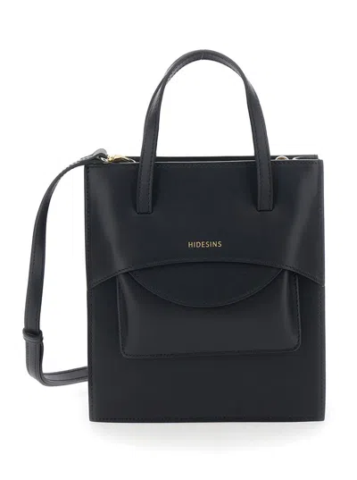 Hidesins 'flap J' Black Handbag With One Front Flap Pocket And Adjustable And Removable Shoulder Strap In Lea