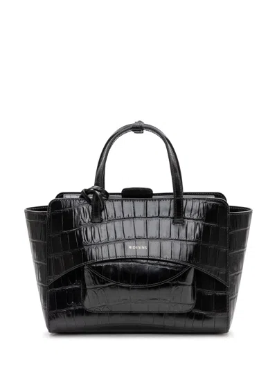 Hidesins Flap Shoulder Bag In Calf Leather With Croc-embossed Motif In Black