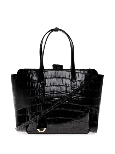 Hidesins Large Flap Croc-effect Leather Tote Bag In Black