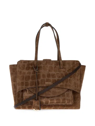 Hidesins Large Flap Crocodile-effect Suede Tote Bag In Brown