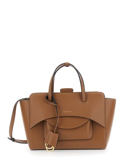 Hidesins Leather Handbag With Adjustable Shoulder Strap, Front Pocket And Magnetic Flap Closure, Gol In Brown