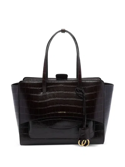 Hidesins Medium Flap Croc-effect Patent Leather Tote Bag In Braun