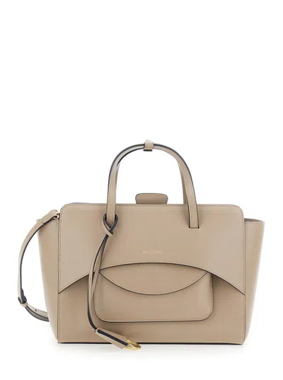 Hidesins Medium Leather Handbag With Logo Lettering, Top Flap & Adjustable Strap, 30x20x10 Cm In Beige