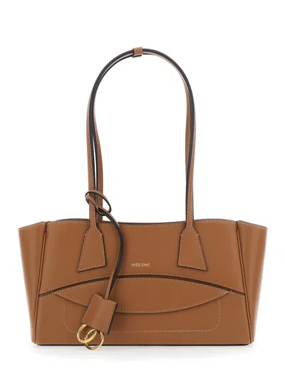 Hidesins Mini Brown Shoulder Handbag Small With Front Pocket And Logo Lettering In Leather For Women