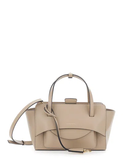 Hidesins Mini Leather Handbag With Front Logo Lettering, Flap Pocket & Adjustable Strap In Beige