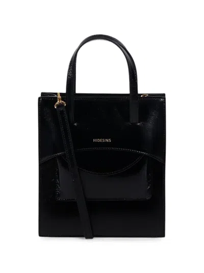 Hidesins Black Rectangular Pocket Gold Logo Leather Shoulder Bag