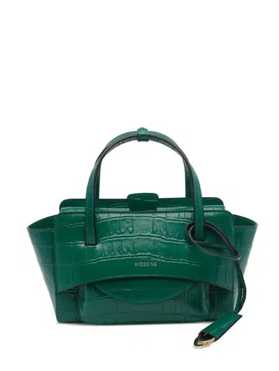 Hidesins Small Flap Crocodile-effect Patent Leather Tote Bag In Green