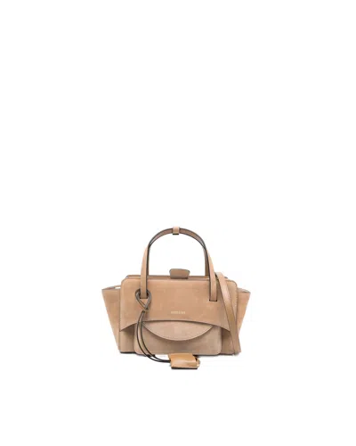 Hidesins Structured Shoulder Bag In Soft Calf Suede With Gold Accents In Beige