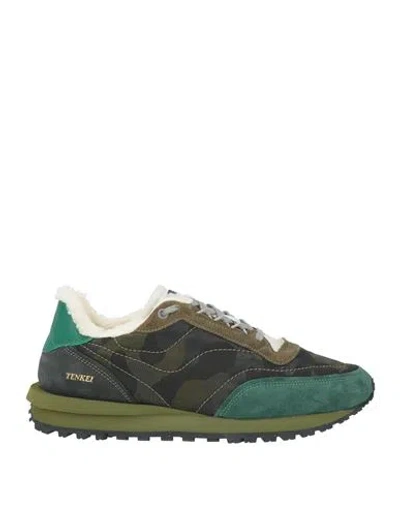 Hidnander Man Sneakers Military Green Size 9 Leather, Textile Fibers In Multi