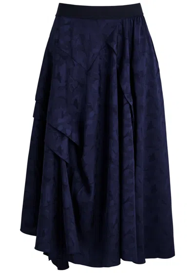 High Attraction Floral-jacquard Satin Midi Skirt In Blue