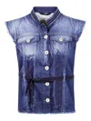 High Belted Denim Gilet In Blue