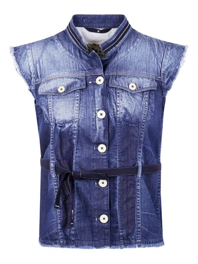 High Belted Denim Gilet In Blue