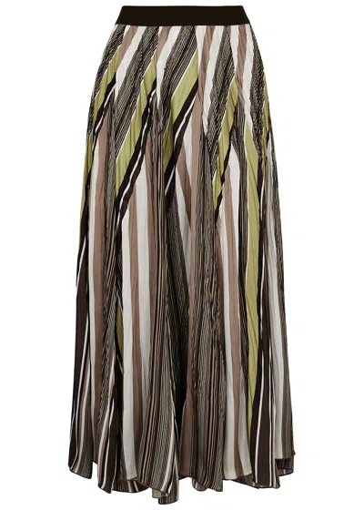 High Chanson Striped Plissé Satin Midi Skirt In Gold