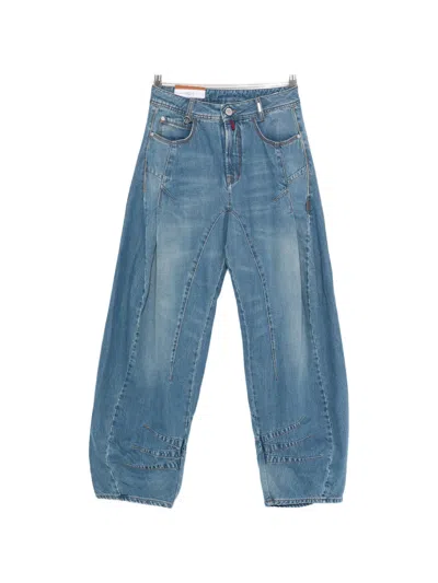 High Cheer Up Contrast-stitching Jeans In Blue