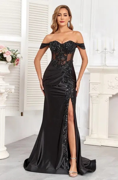 High Couture Hc1003 Long Fitted Corset Formal Applique Prom Dress In Black