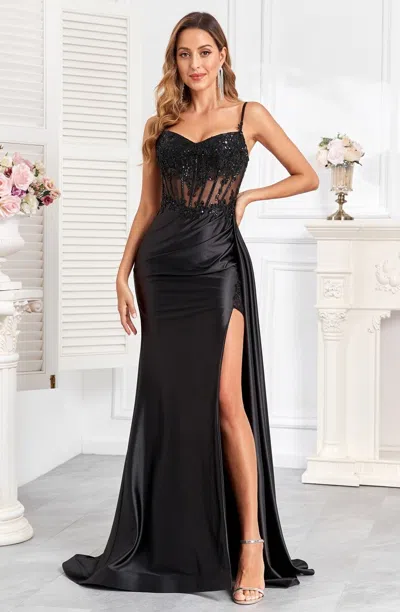 High Couture Hc1004 Pleated Long Formal Applique Corset Prom Dress In Black