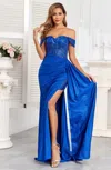 High Couture Hc1005 Glitter Long Corset Fitted Formal Prom Dress In Blue