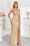 High Couture Hc1008 Long Formal Glitter Print Corset Prom Dress In Gold