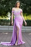 High Couture Hc1012 Pleated Long Formal Slit Beaded Prom Evening Gown In Purple