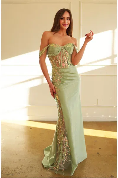 High Couture Hc1020 Long Fitted Formal Lace Applique Prom Dress In Green