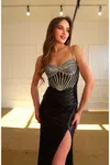 High Couture Hc1024 Beaded Slit Prom Long Formal Metallic Dress In Black