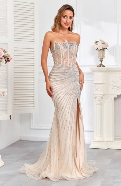 High Couture Hc2409 Prom Fitted Long Formal Beaded Corset Evening Gown In Neutral