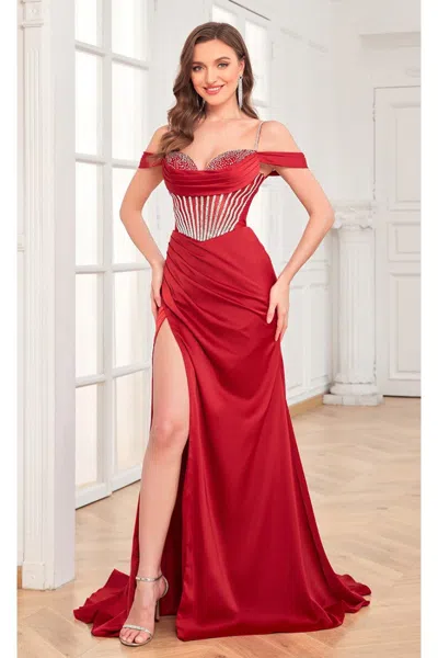 High Couture Mj1001 Beaded Slit Long Formal Corset Prom Dress In Red