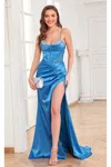 High Couture Mj1002 Prom Fitted Slit Corset Formal Beaded Dress In Blue