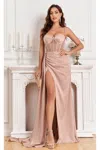 High Couture Mj1003 Fitted Corset Long Formal Slit Prom Dress In Pink