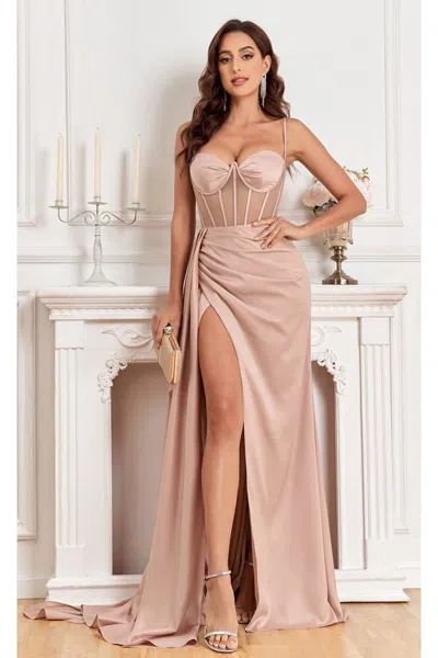 High Couture Mj1003 Fitted Corset Long Formal Slit Prom Dress In Pink