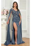 High Couture Mj1006 Long Formal Beaded Slit Evening Dress In Blue
