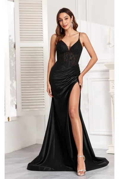 High Couture Mj1013 Pleated Long Formal Slit Corset Prom Gown In Black