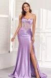 High Couture Mj1016 Long Formal Pleated Corset Slit Prom Gown In Purple
