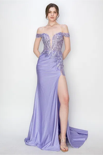 High Couture Mj1018 Prom Long Formal Glitter Applique Dress In Purple