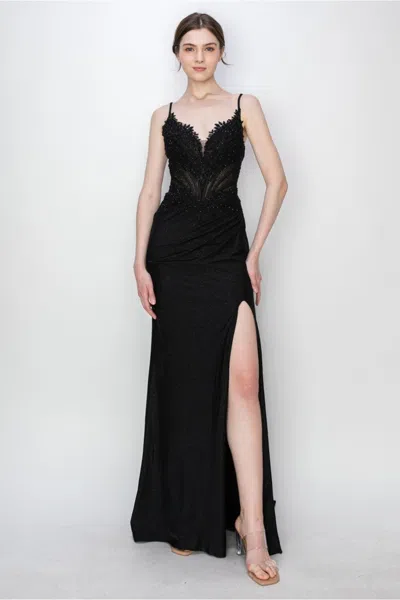 High Couture Mj1019 Long Formal Fitted Corset Slit Evening Prom Gown In Black