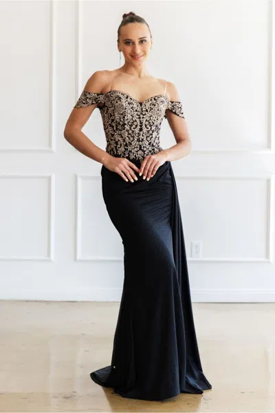 High Couture Mj1021 Glitter Long Formal Lace Applique Prom Dress In Black