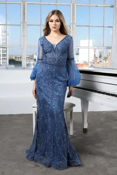 High Couture Nr2205 Long Sleeve Formal Evening Dress In Blue