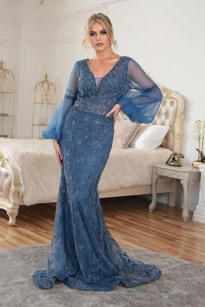 High Couture Nr2220 Long Formal Beaded Prom Dress In Blue