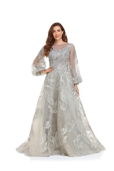 High Couture Nr2226 Prom Long Sleeve Formal A Line Ball Gown In Gray