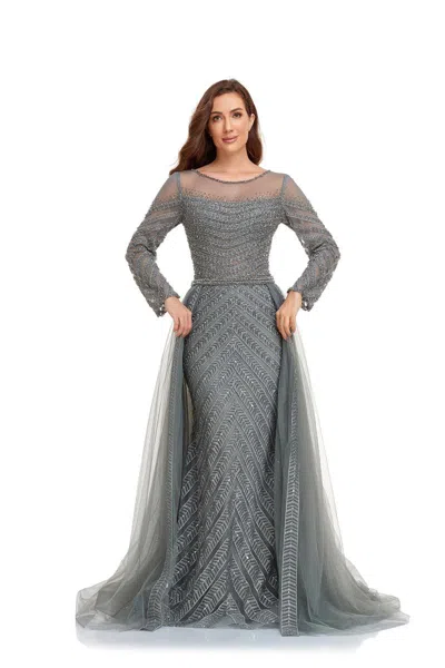 High Couture Nr2230 Long Sleeve Formal Evening Dress In Gray