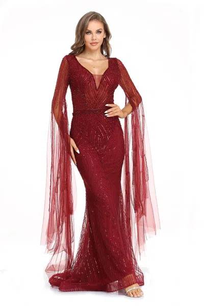 High Couture Nr2242 Long Sleeve Formal Evening Dress In Burgundy