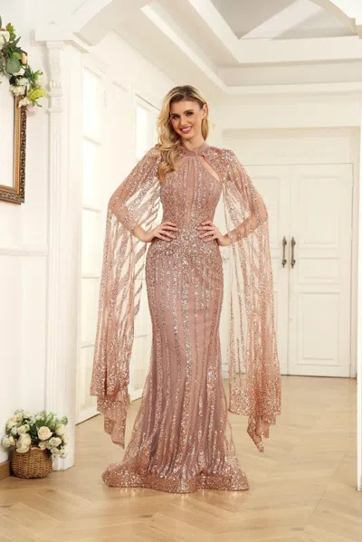 High Couture Nr2257 Prom Long Halter Formal Cape Dress In Brown