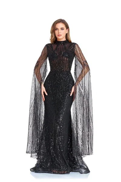 High Couture Nr2260 Long Sleeve Formal Cape Dress In Black