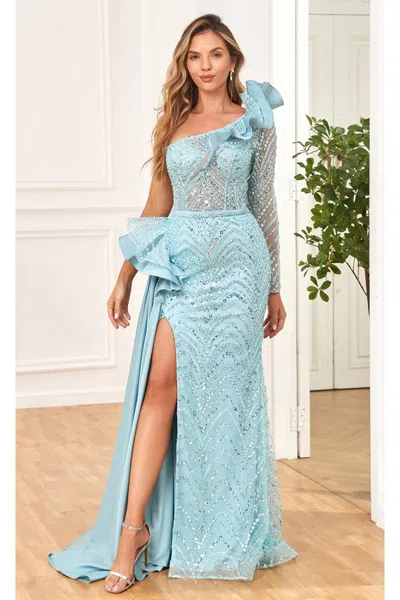 High Couture Nr2286 Fitted Long Formal Beaded Sequin Evening Dress In Blue