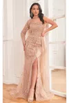 High Couture Nr2292 Long Slit Formal Fitted Sequin Evening Dress In Gold