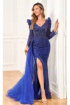 High Couture Nr2293 Fitted Long Formal Slit Evening Dress In Blue