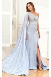 High Couture Nr2301 Beaded Long Fitted Formal Glitter Evening Dress In Blue