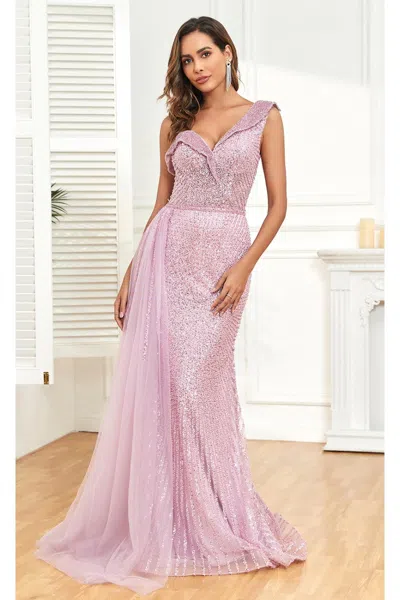 High Couture Nr2303 Fitted Long Overskirt Beaded Formal Sequin Evening Dress In Purple