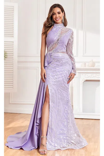 High Couture Nr2311 Long Ruffle Slit Formal Beaded Evening Dress In Purple